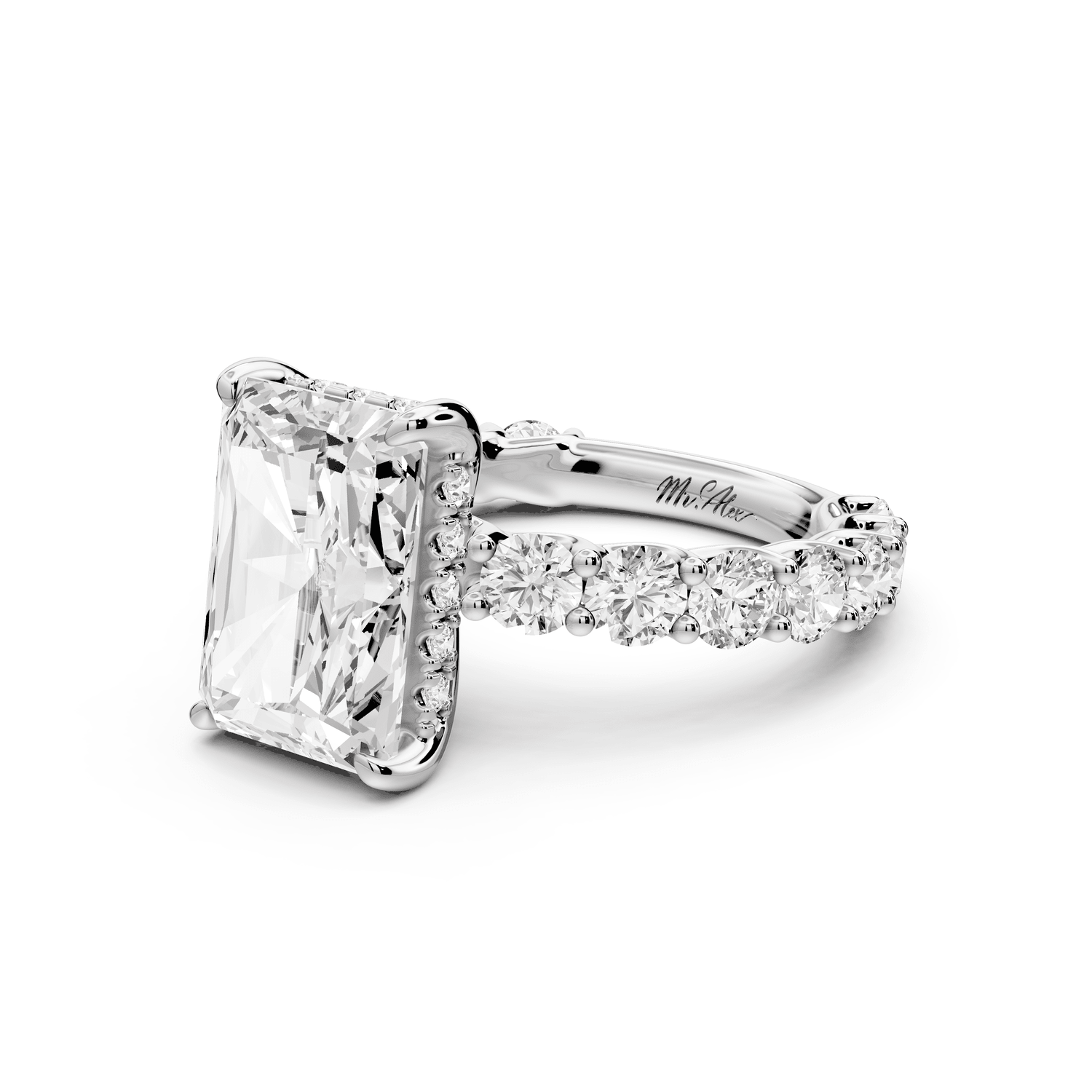Siena - 5ct 18k white gold radiant Hidden Halo with Shared Prong Pavé Engagement Ring - Mr. Alex Jewelry
