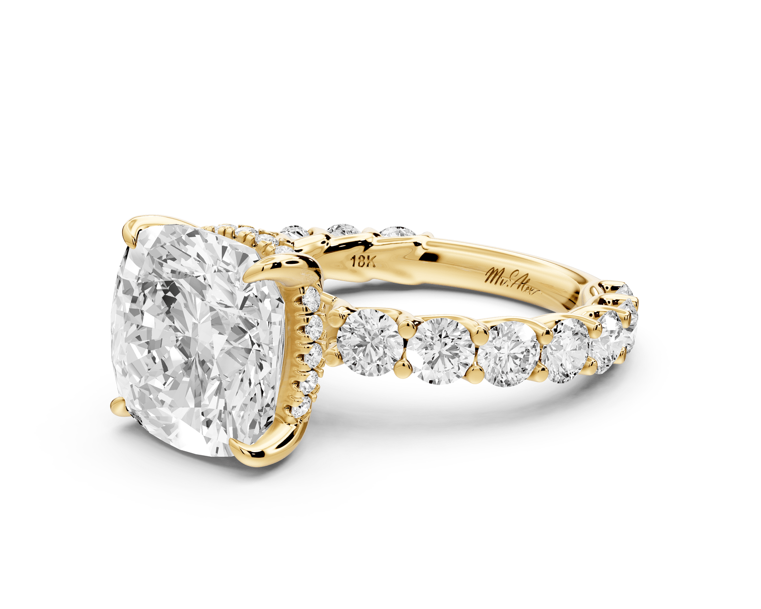 Siena - 5ct 18k yellow gold cushion Hidden Halo with Shared Prong Pavé Engagement Ring - Mr. Alex Jewelry