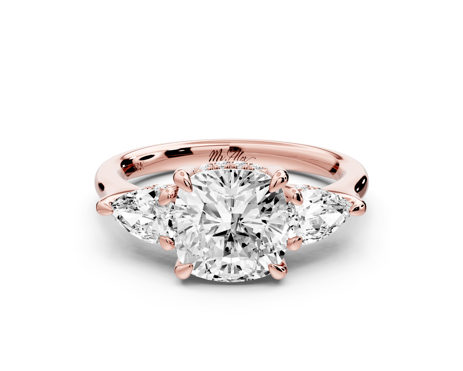 Stella - 2ct 14k rose gold Three Stone cushion with pears Hidden Halo Engagement Ring - Mr. Alex Jewelry