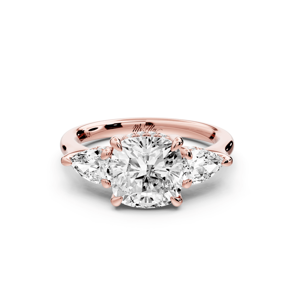Stella - 2ct 14k rose gold Three Stone cushion with pears Hidden Halo Engagement Ring - Mr. Alex Jewelry