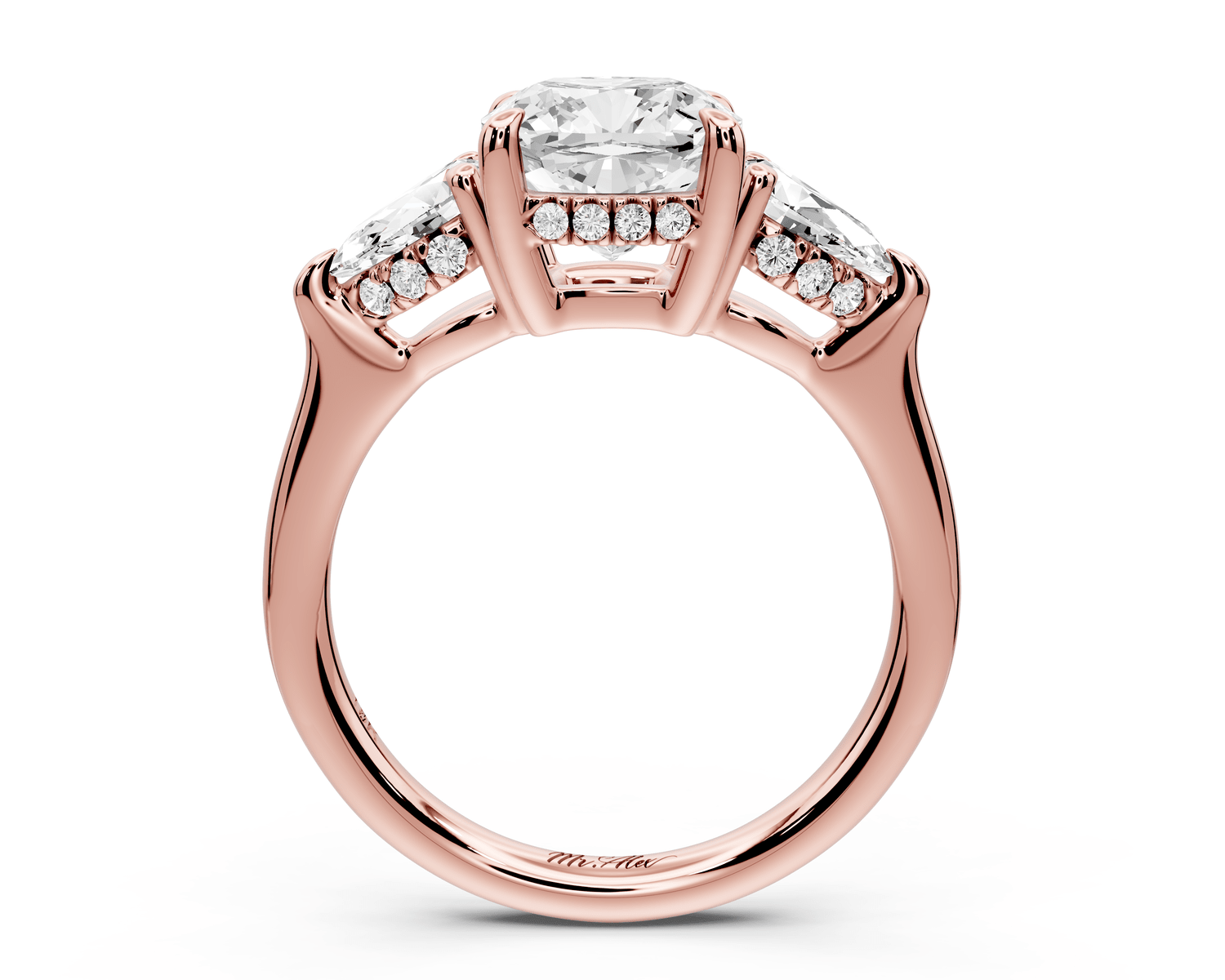 Stella - 2ct 14k rose gold Three Stone cushion with pears Hidden Halo Engagement Ring - Mr. Alex Jewelry
