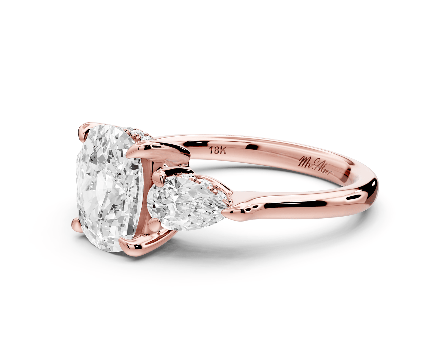 Stella - 2ct 14k rose gold Three Stone ecushion with pears Hidden Halo Engagement Ring - Mr. Alex Jewelry