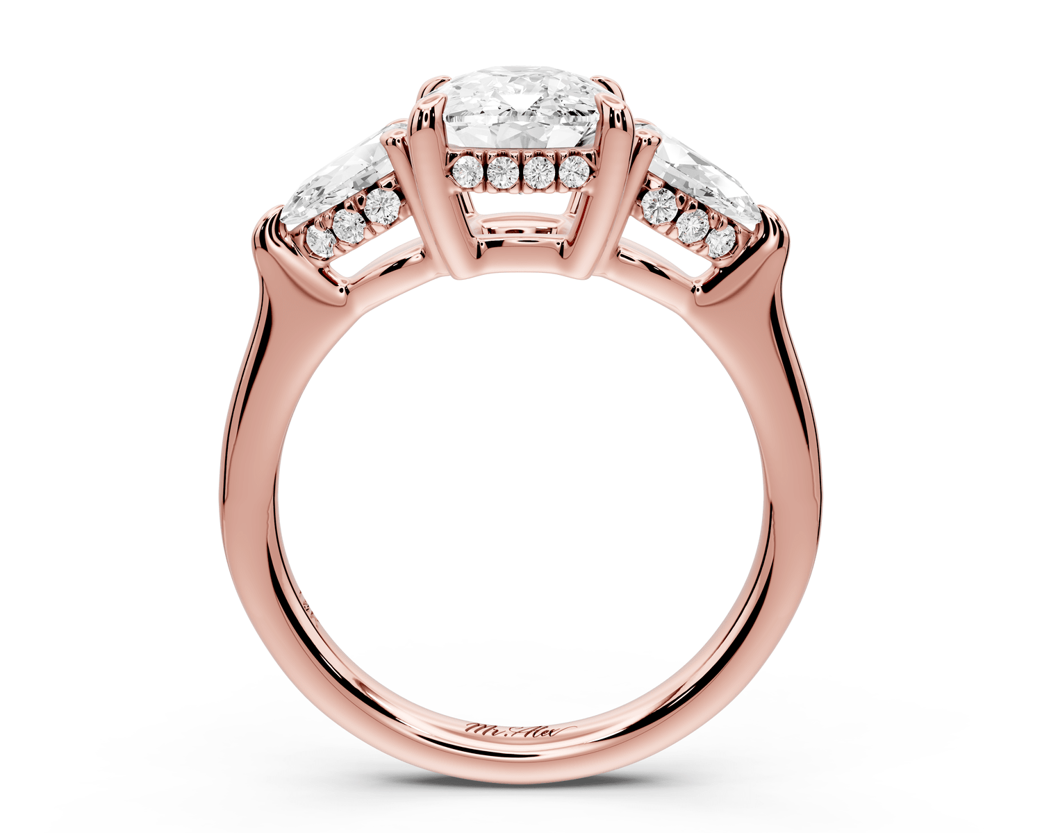 Stella - 2ct 14k rose gold Three Stone ecushion with pears Hidden Halo Engagement Ring - Mr. Alex Jewelry