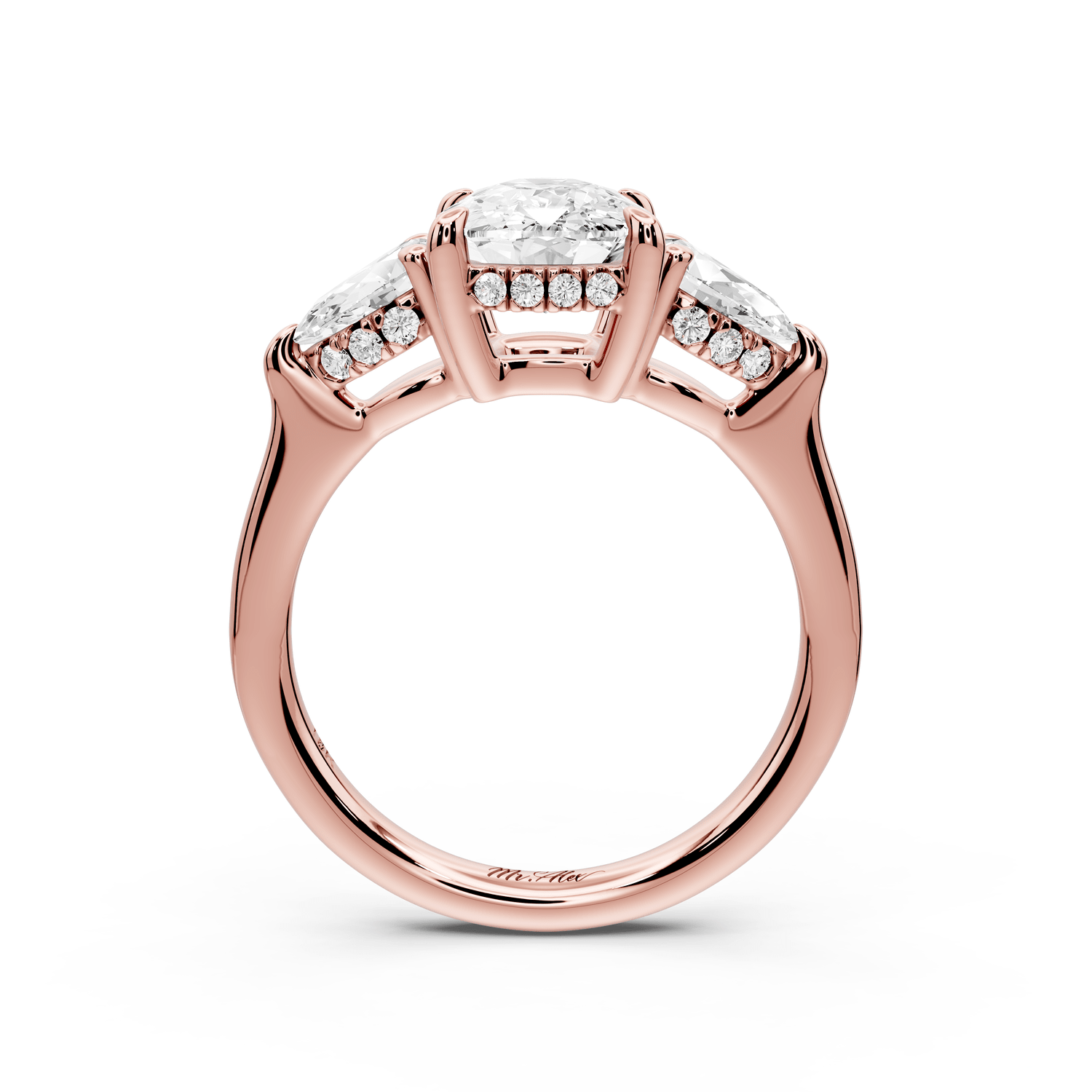 Stella - 2ct 14k rose gold Three Stone ecushion with pears Hidden Halo Engagement Ring - Mr. Alex Jewelry