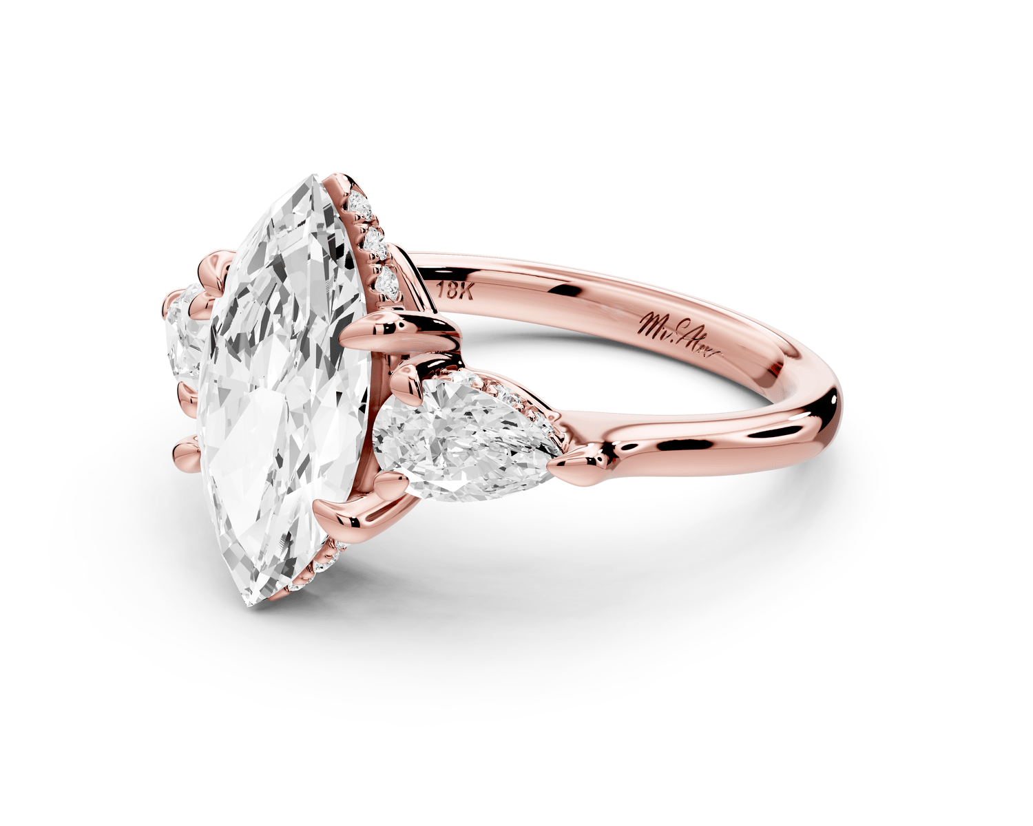 Stella - 2ct 14k rose gold Three Stone marquise with pears Hidden Halo Engagement Ring - Mr. Alex Jewelry