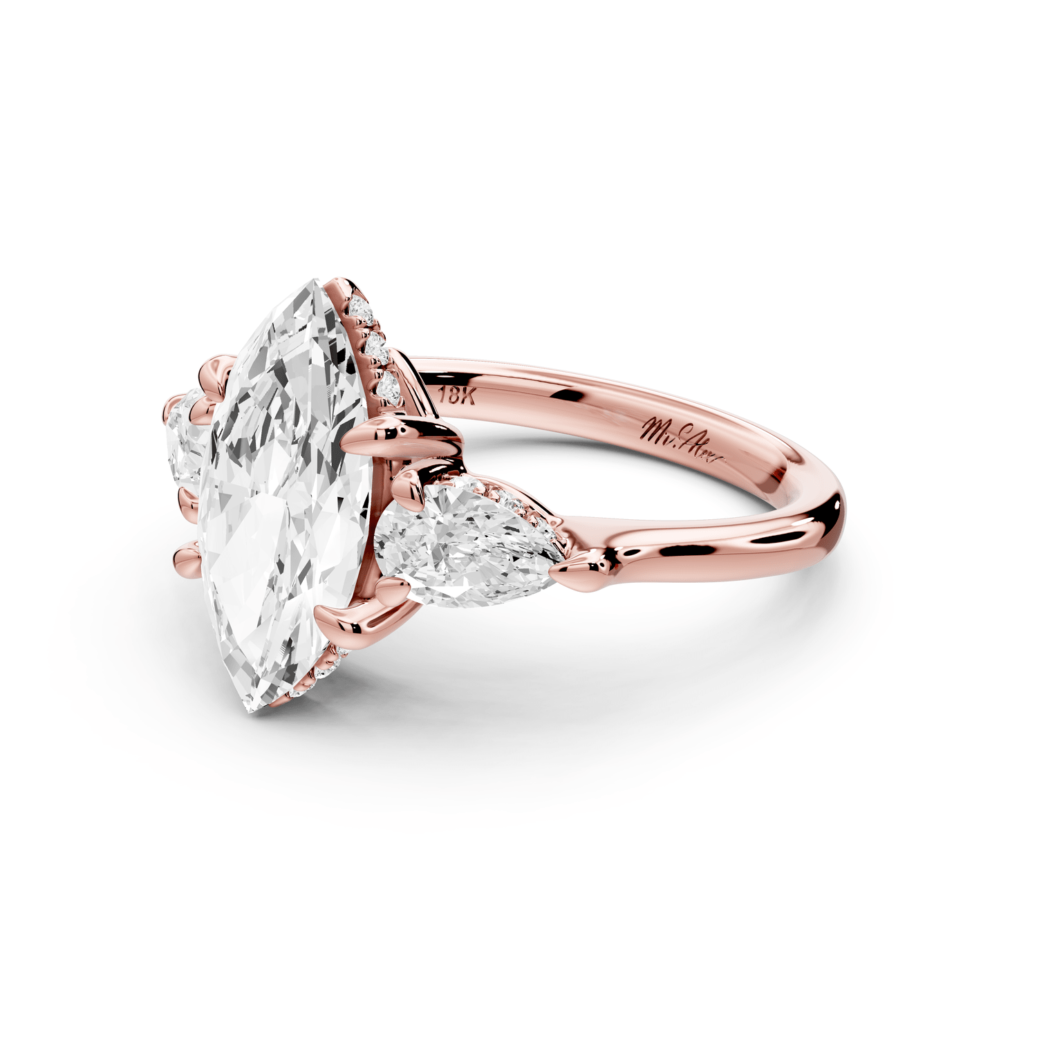 Stella - 2ct 14k rose gold Three Stone marquise with pears Hidden Halo Engagement Ring - Mr. Alex Jewelry