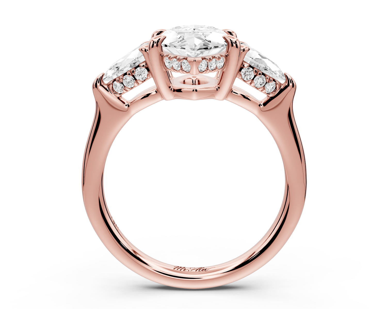 Stella - 2ct 14k rose gold Three Stone marquise with pears Hidden Halo Engagement Ring - Mr. Alex Jewelry