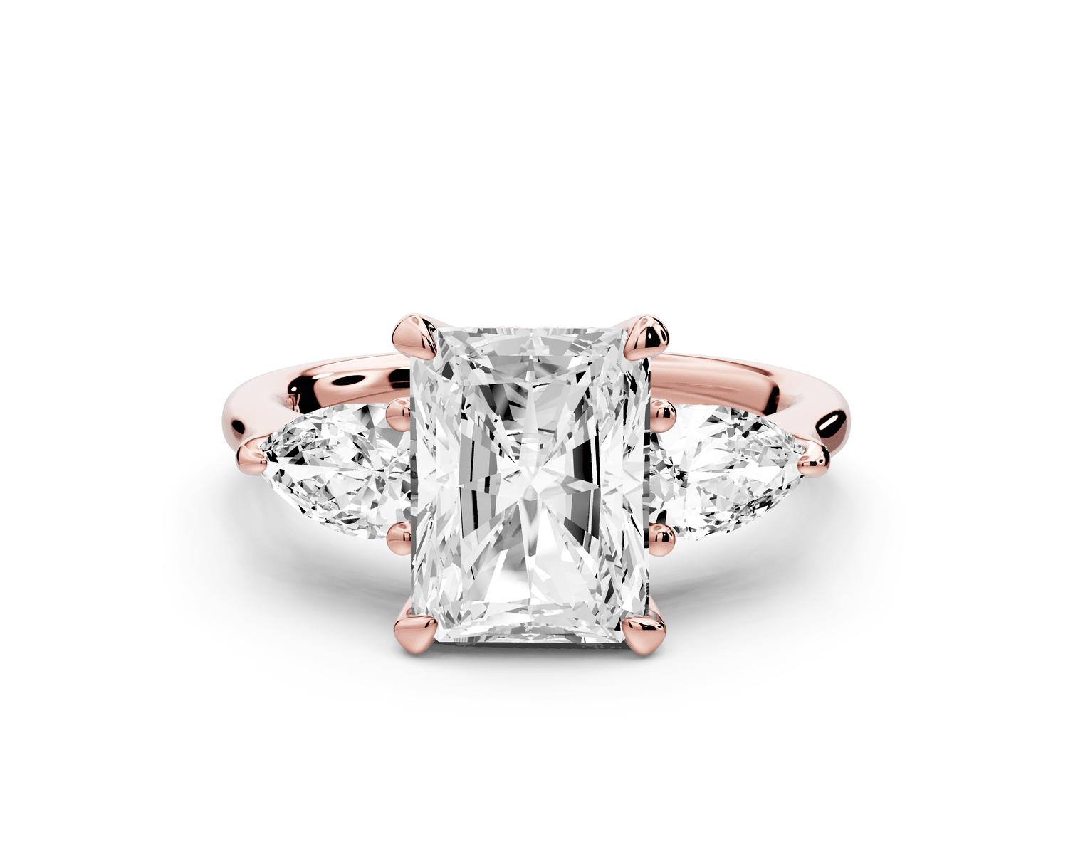 Stella - 2ct 14k rose gold Three Stone radiant with pears Hidden Halo Engagement Ring - Mr. Alex Jewelry