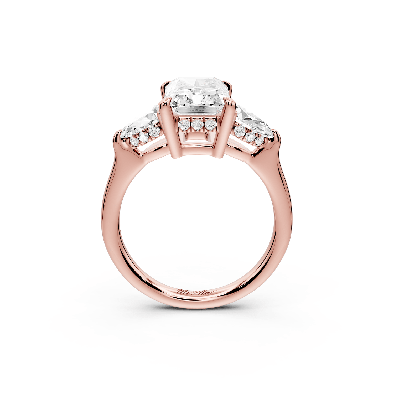 Stella - 2ct 14k rose gold Three Stone radiant with pears Hidden Halo Engagement Ring - Mr. Alex Jewelry