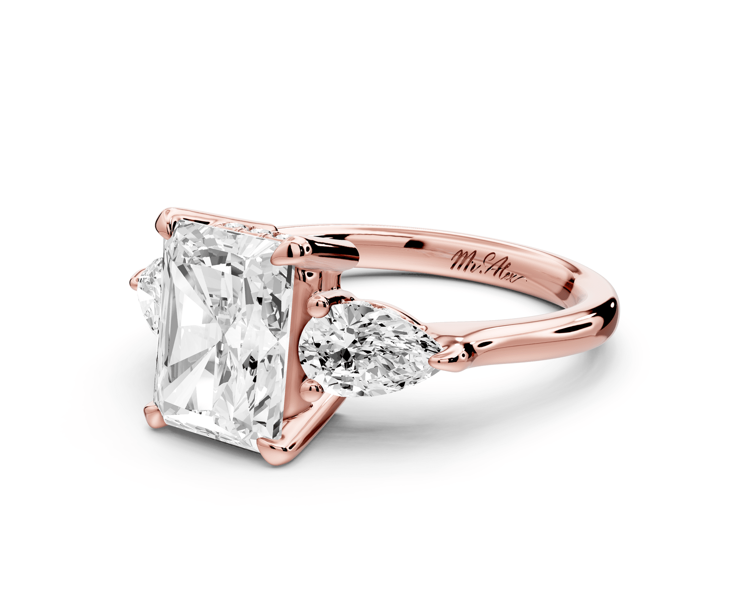 Stella - 2ct 14k rose gold Three Stone radiant with pears Hidden Halo Engagement Ring - Mr. Alex Jewelry
