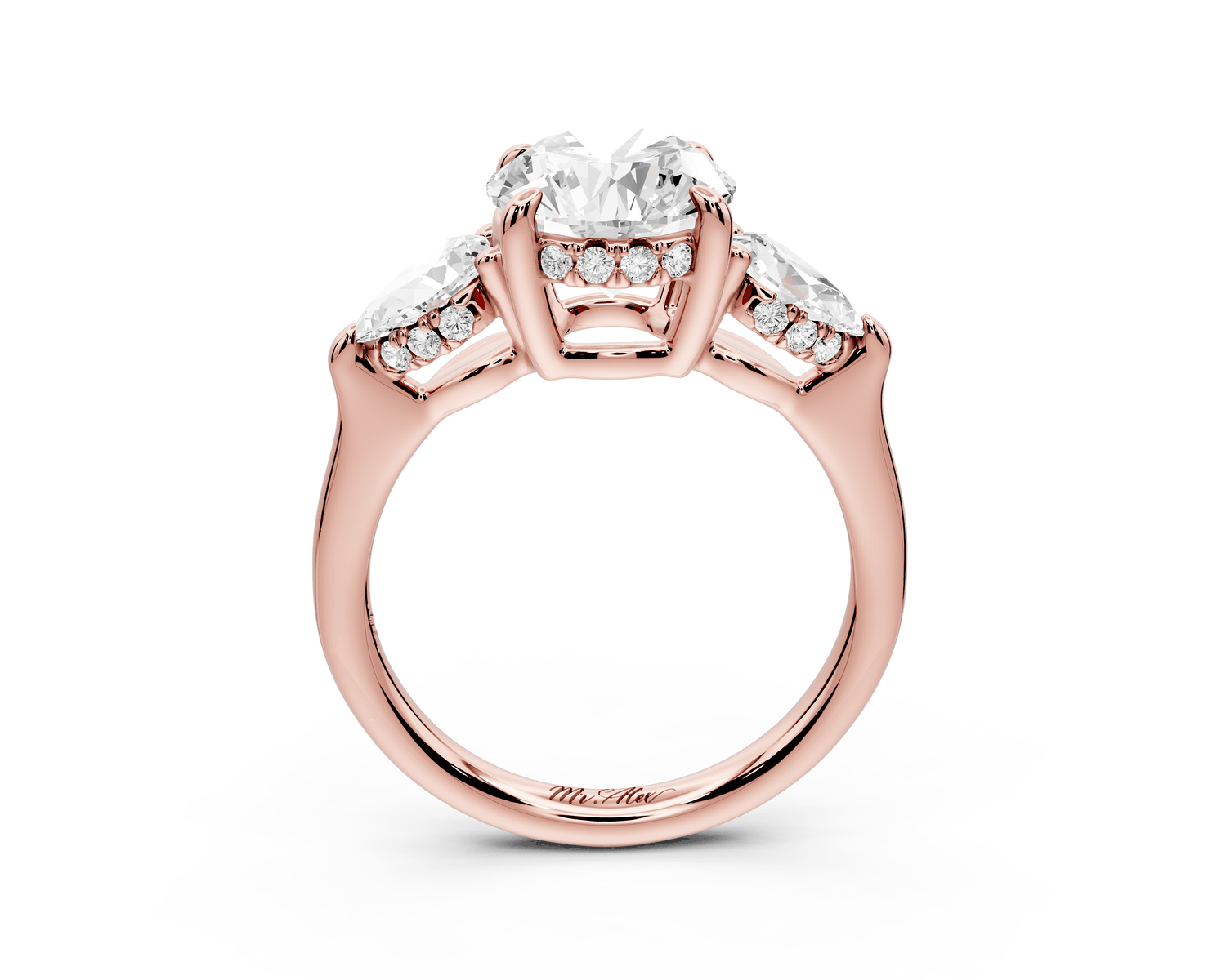Stella - 2ct 14k rose gold Three Stone round with pears Hidden Halo Engagement Ring - Mr. Alex Jewelry