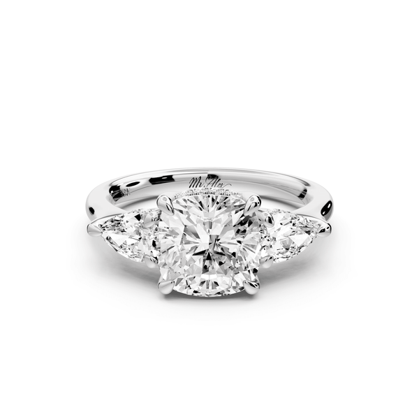 Stella - 2ct 14k white gold Three Stone cushion with pears Hidden Halo Engagement Ring - Mr. Alex Jewelry