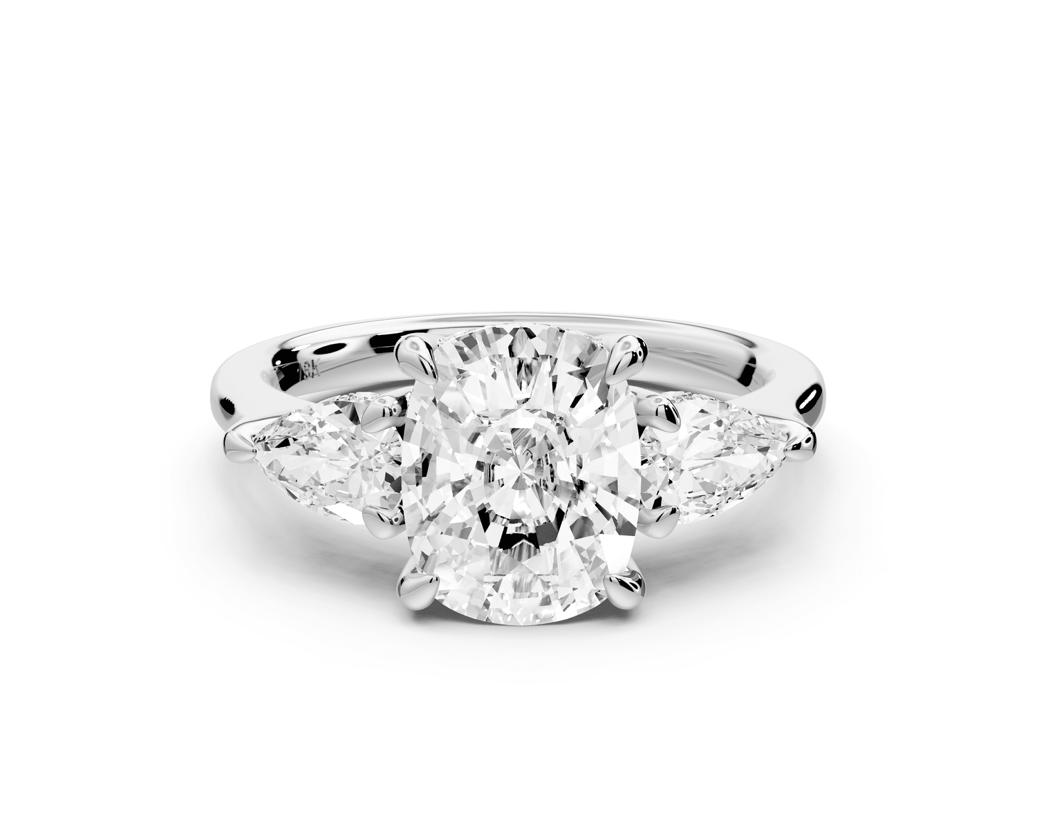 Stella - 2ct 14k white gold Three Stone ecushion with pears Hidden Halo Engagement Ring - Mr. Alex Jewelry