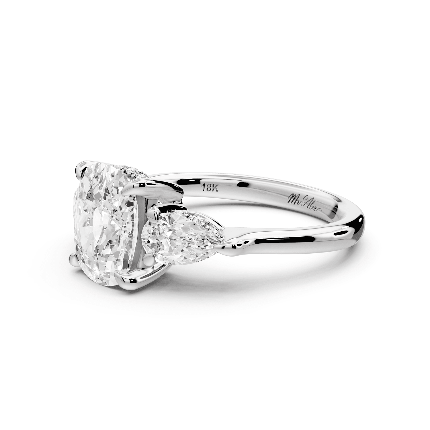 Stella - 2ct 14k white gold Three Stone ecushion with pears Hidden Halo Engagement Ring - Mr. Alex Jewelry