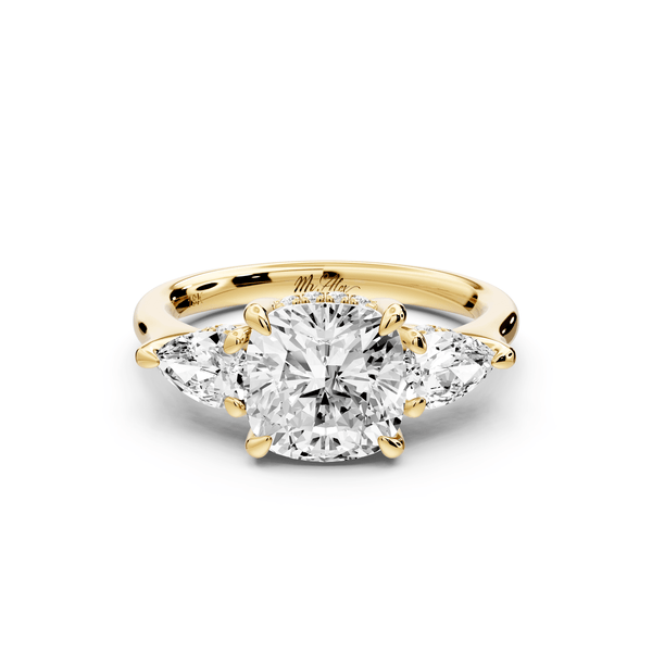 Stella - 2ct 14k yellow gold Three Stone cushion with pears Hidden Halo Engagement Ring - Mr. Alex Jewelry