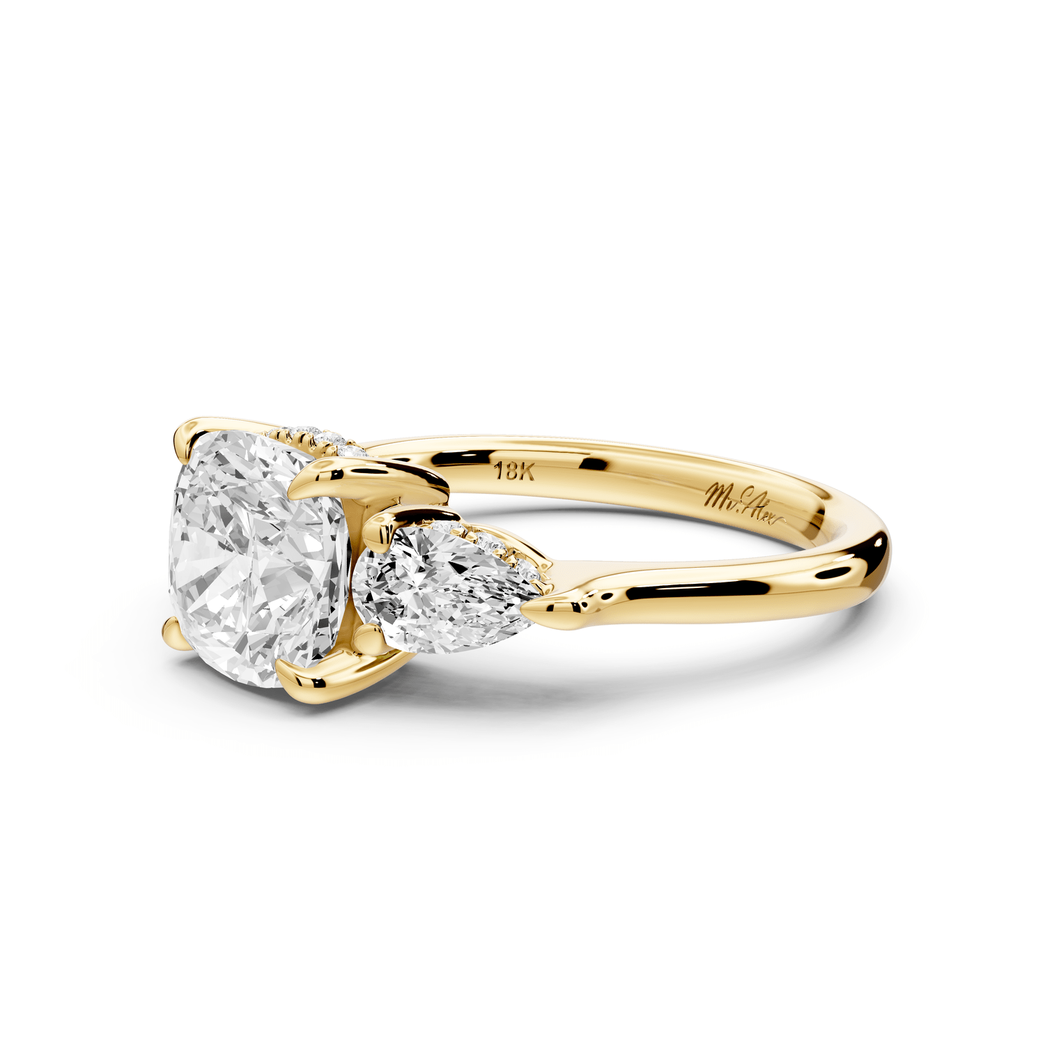 Stella - 2ct 14k yellow gold Three Stone cushion with pears Hidden Halo Engagement Ring - Mr. Alex Jewelry