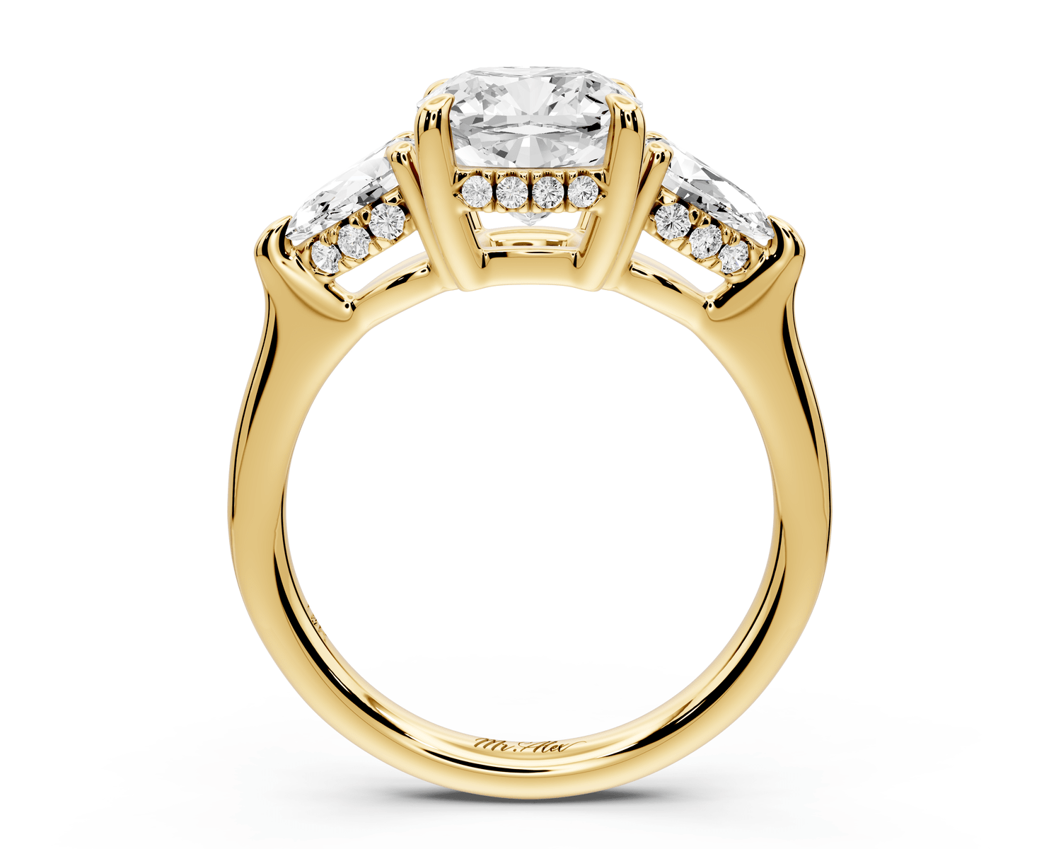 Stella - 2ct 14k yellow gold Three Stone cushion with pears Hidden Halo Engagement Ring - Mr. Alex Jewelry