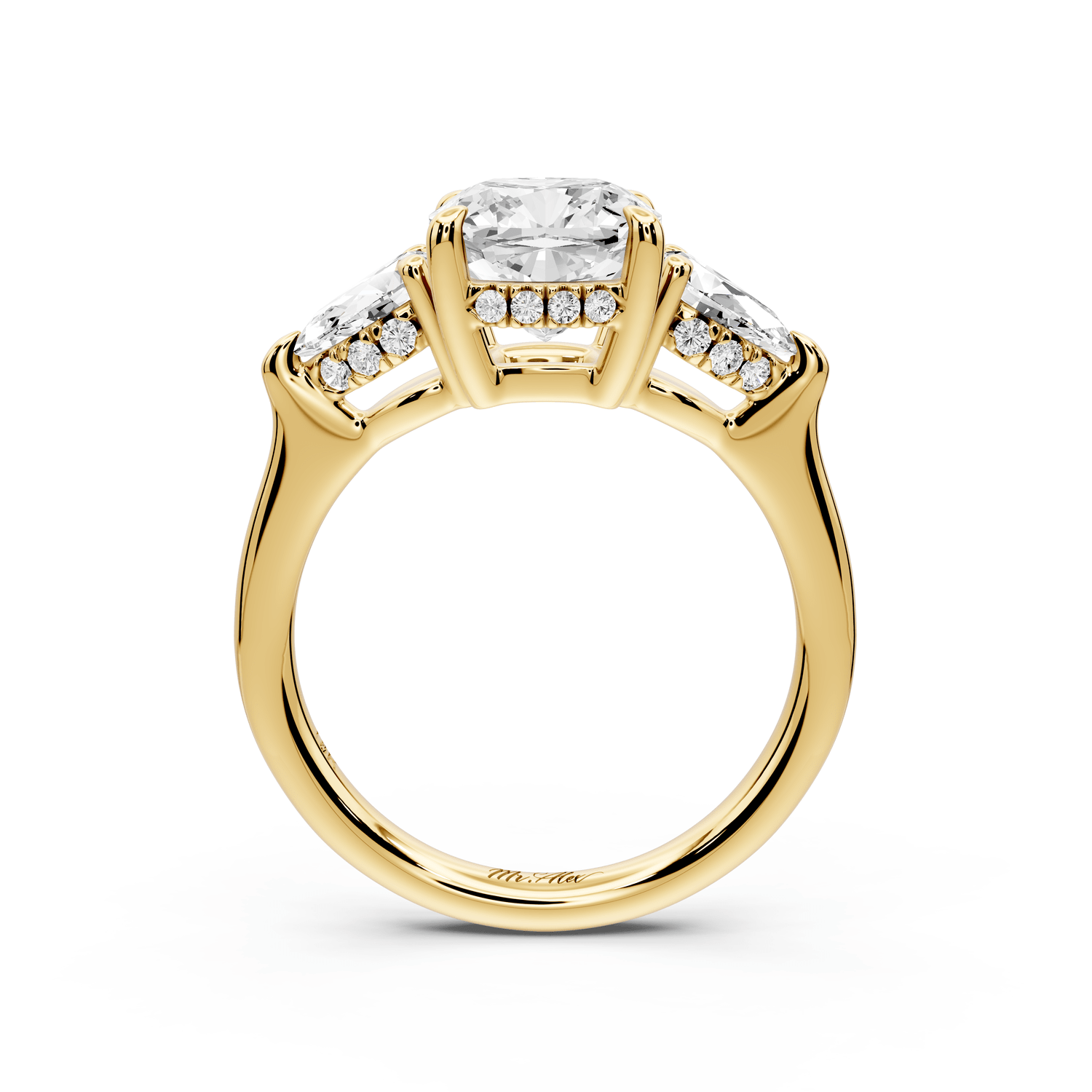 Stella - 2ct 14k yellow gold Three Stone cushion with pears Hidden Halo Engagement Ring - Mr. Alex Jewelry