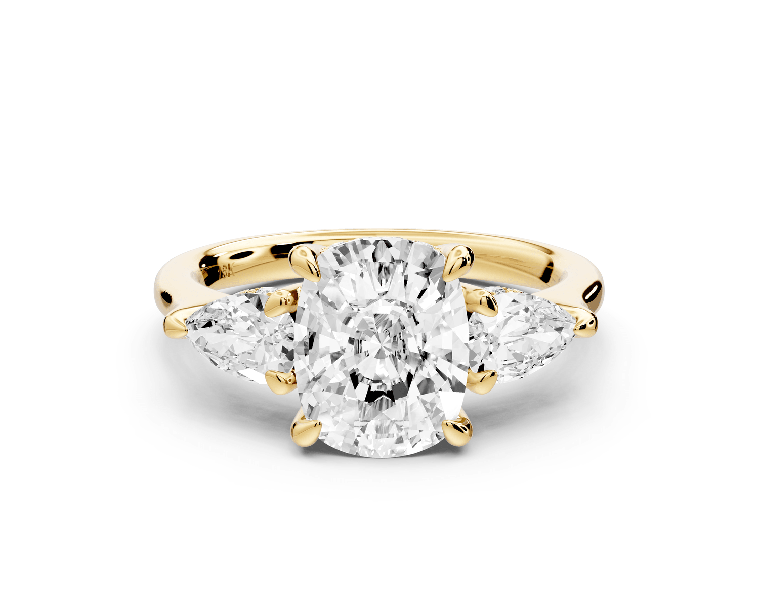 Stella - 2ct 14k yellow gold Three Stone ecushion with pears Hidden Halo Engagement Ring - Mr. Alex Jewelry