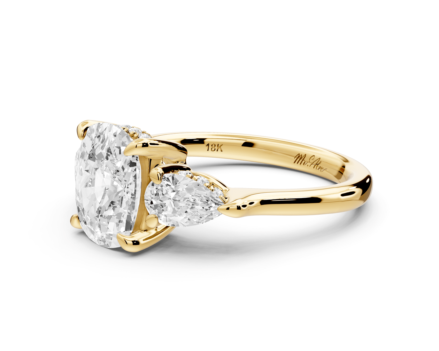 Stella - 2ct 14k yellow gold Three Stone ecushion with pears Hidden Halo Engagement Ring - Mr. Alex Jewelry