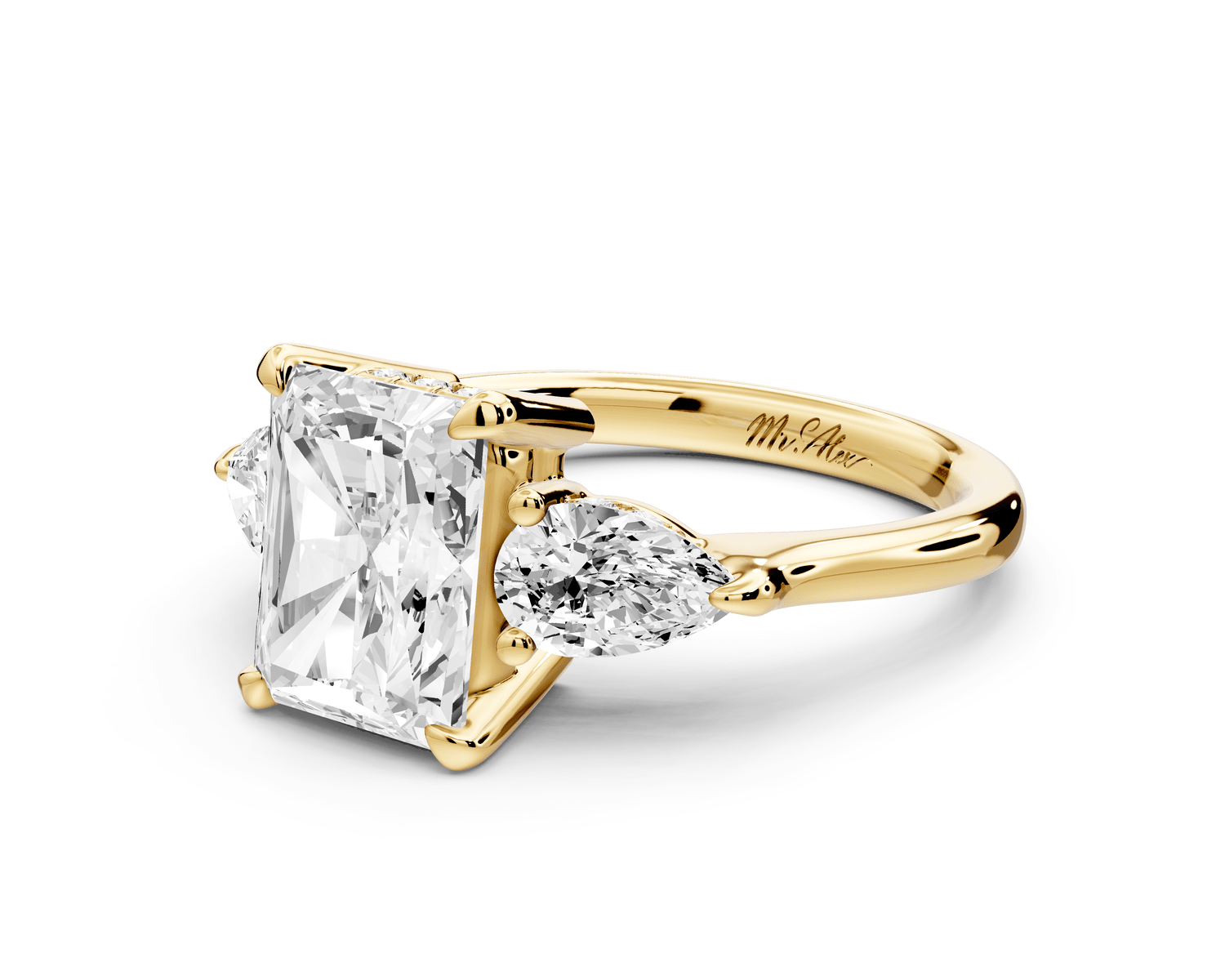 Stella - 2ct 14k yellow gold Three Stone radiant with pears Hidden Halo Engagement Ring - Mr. Alex Jewelry