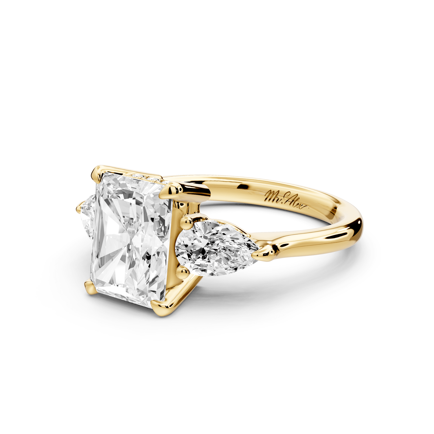 Stella - 2ct 14k yellow gold Three Stone radiant with pears Hidden Halo Engagement Ring - Mr. Alex Jewelry