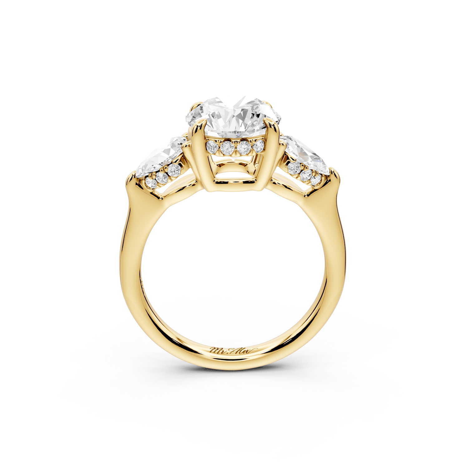 Stella - 2ct 14k yellow gold Three Stone round with pears Hidden Halo Engagement Ring - Mr. Alex Jewelry
