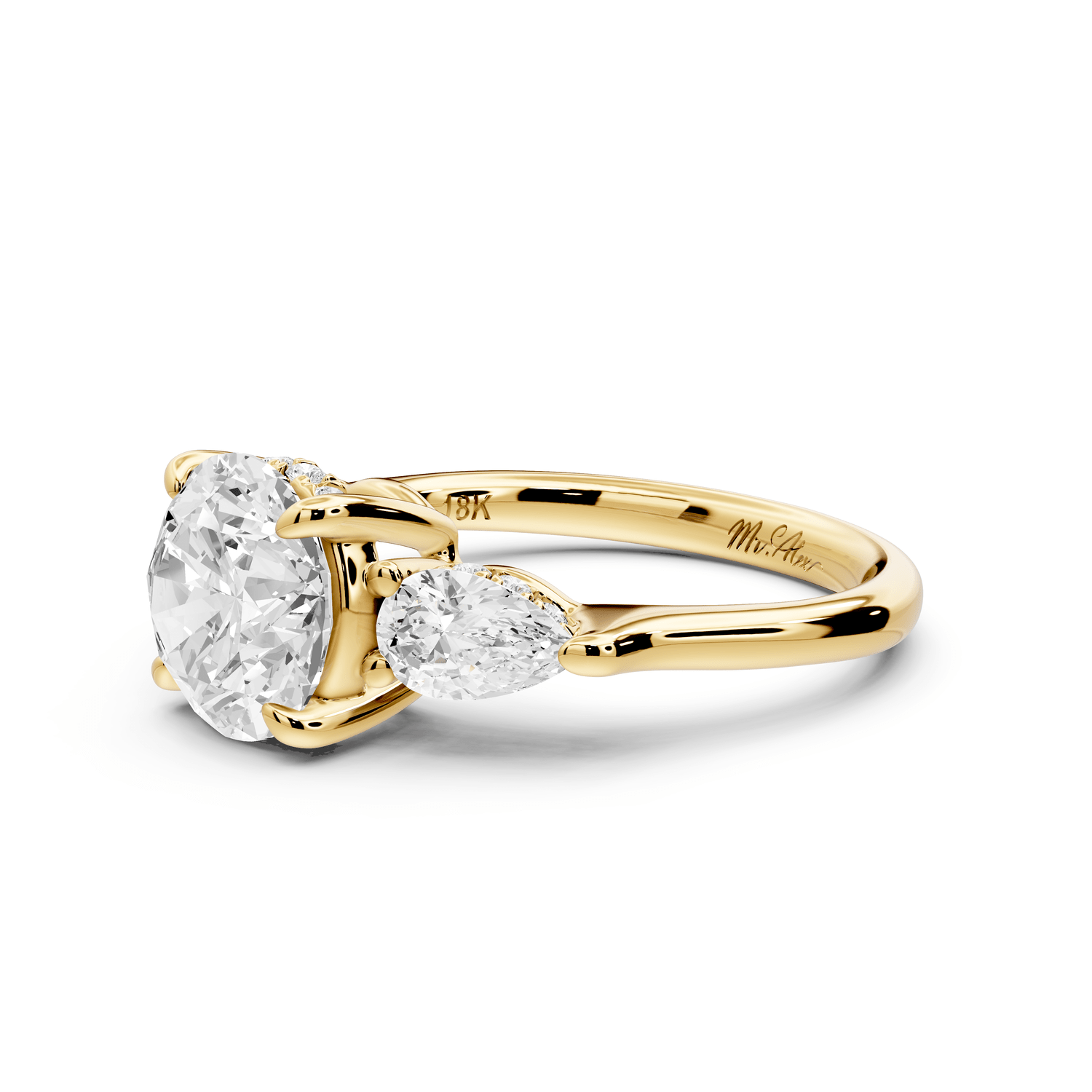 Stella - 2ct 14k yellow gold Three Stone round with pears Hidden Halo Engagement Ring - Mr. Alex Jewelry
