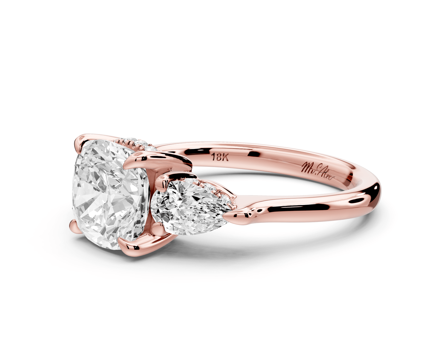 Stella - 2ct 18k rose gold Three Stone cushion with pears Hidden Halo Engagement Ring - Mr. Alex Jewelry