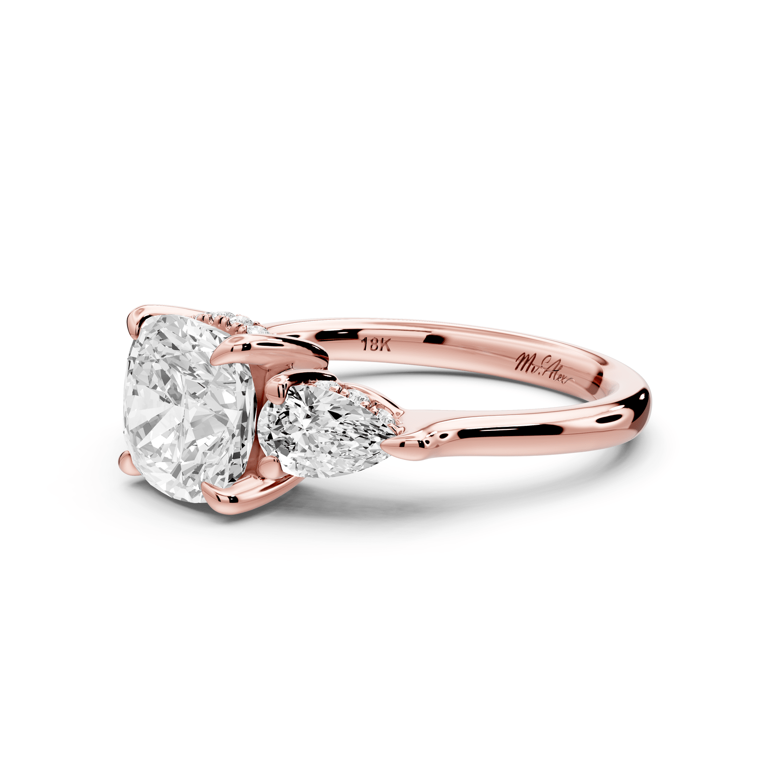 Stella - 2ct 18k rose gold Three Stone cushion with pears Hidden Halo Engagement Ring - Mr. Alex Jewelry