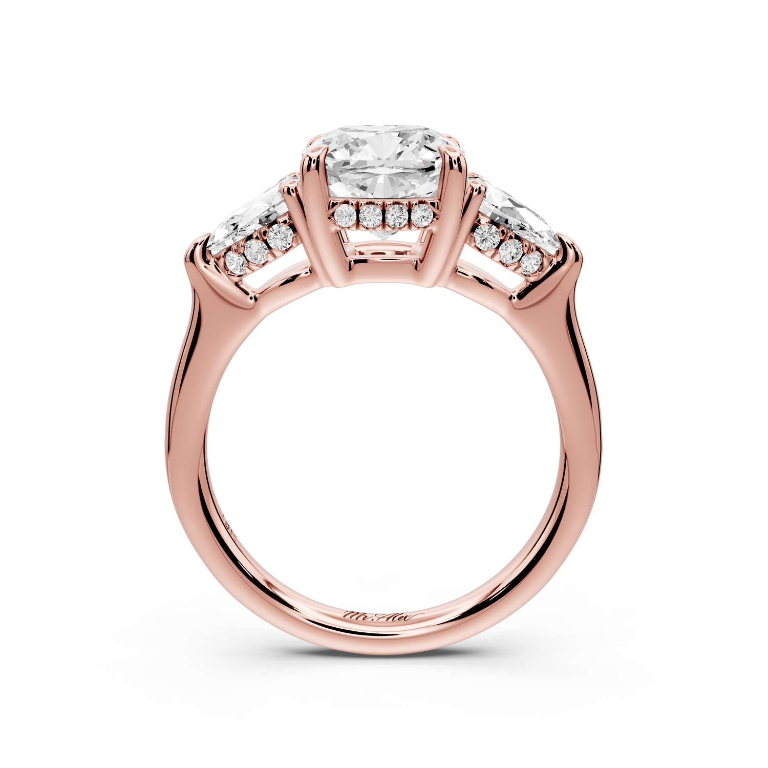 Stella - 2ct 18k rose gold Three Stone cushion with pears Hidden Halo Engagement Ring - Mr. Alex Jewelry