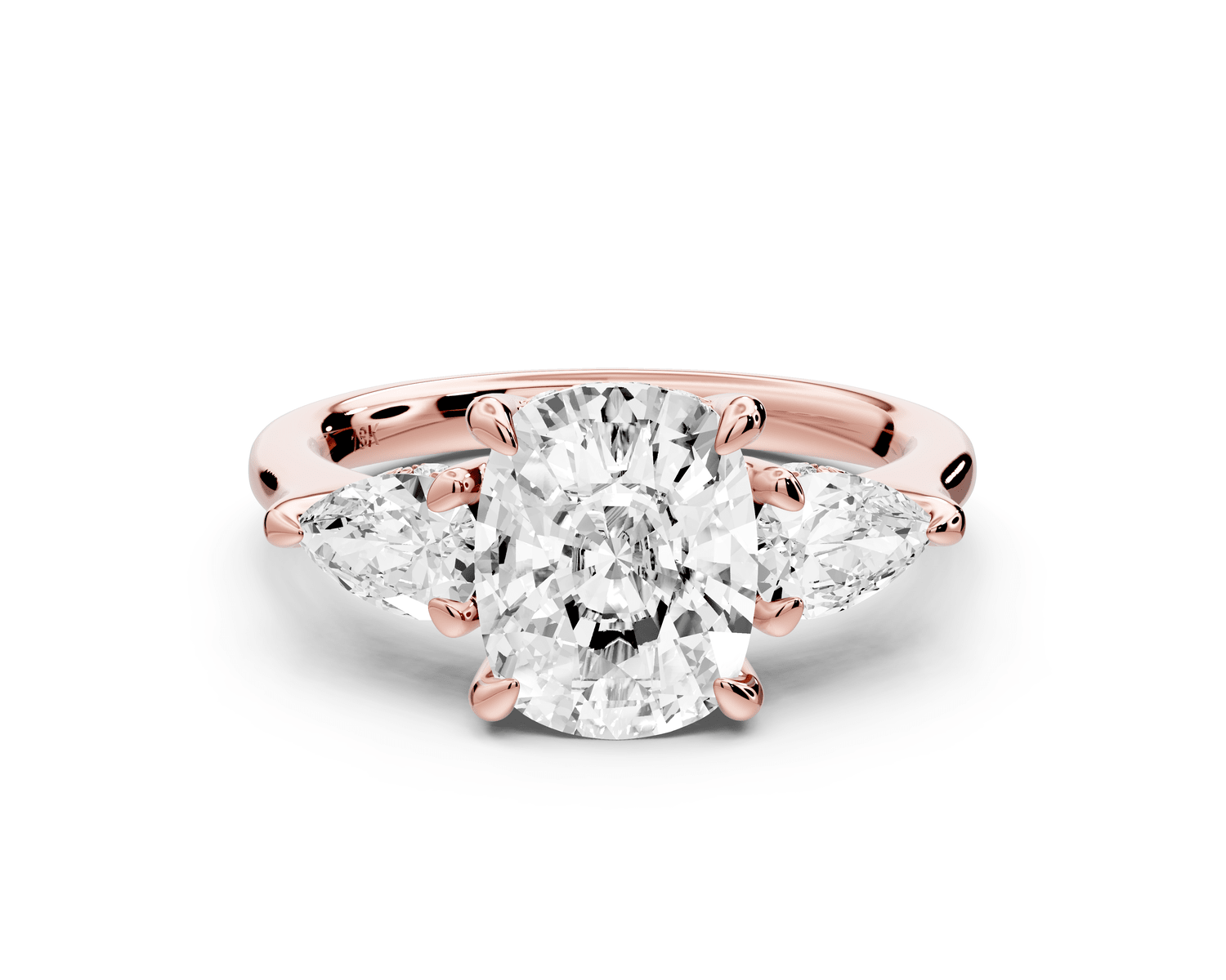 Stella - 2ct 18k rose gold Three Stone ecushion with pears Hidden Halo Engagement Ring - Mr. Alex Jewelry