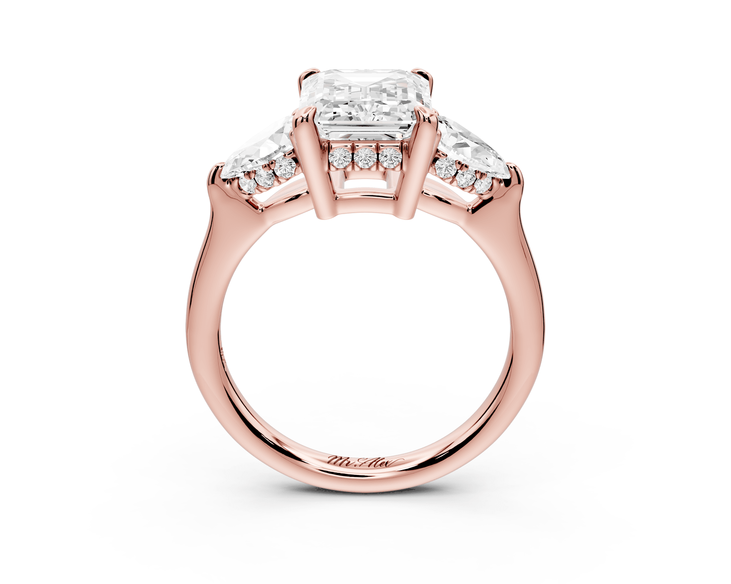 Stella - 2ct 18k rose gold Three Stone emerald with pears Hidden Halo Engagement Ring - Mr. Alex Jewelry