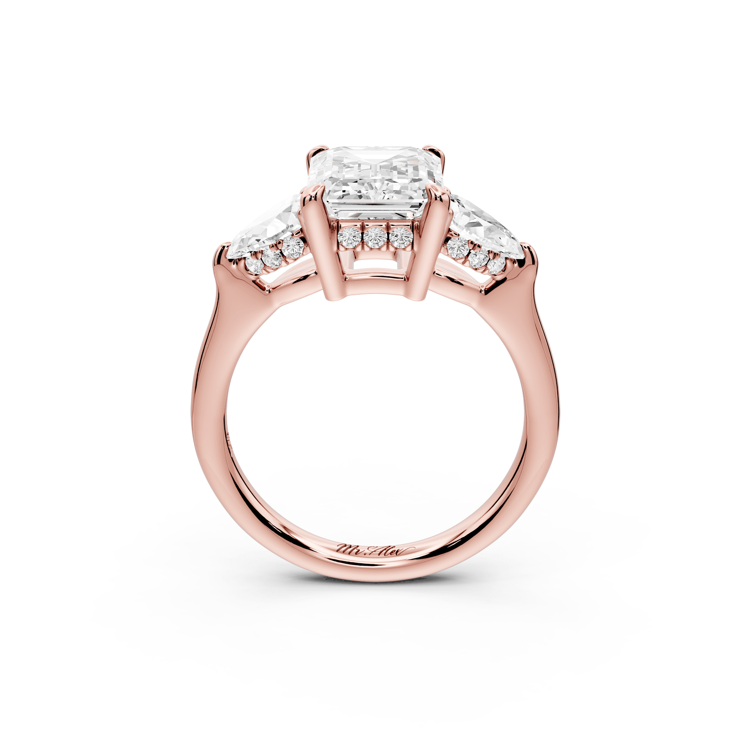 Stella - 2ct 18k rose gold Three Stone emerald with pears Hidden Halo Engagement Ring - Mr. Alex Jewelry