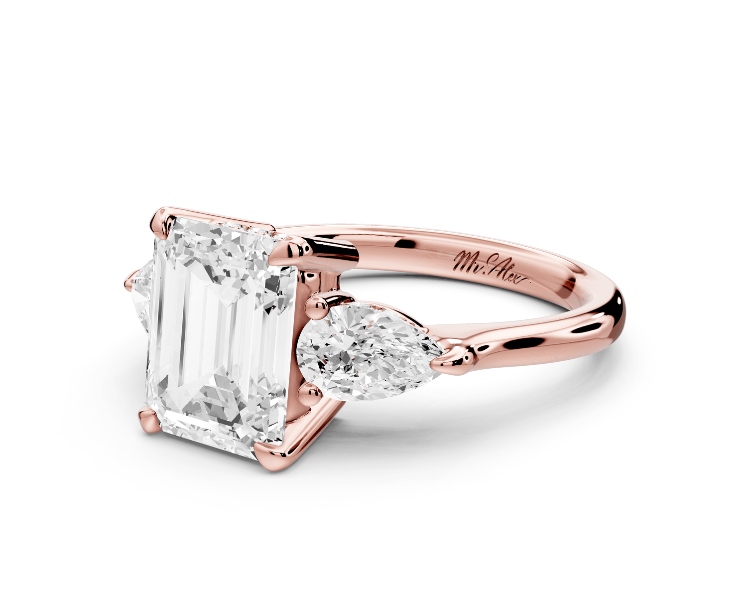 Stella - 2ct 18k rose gold Three Stone emerald with pears Hidden Halo Engagement Ring - Mr. Alex Jewelry