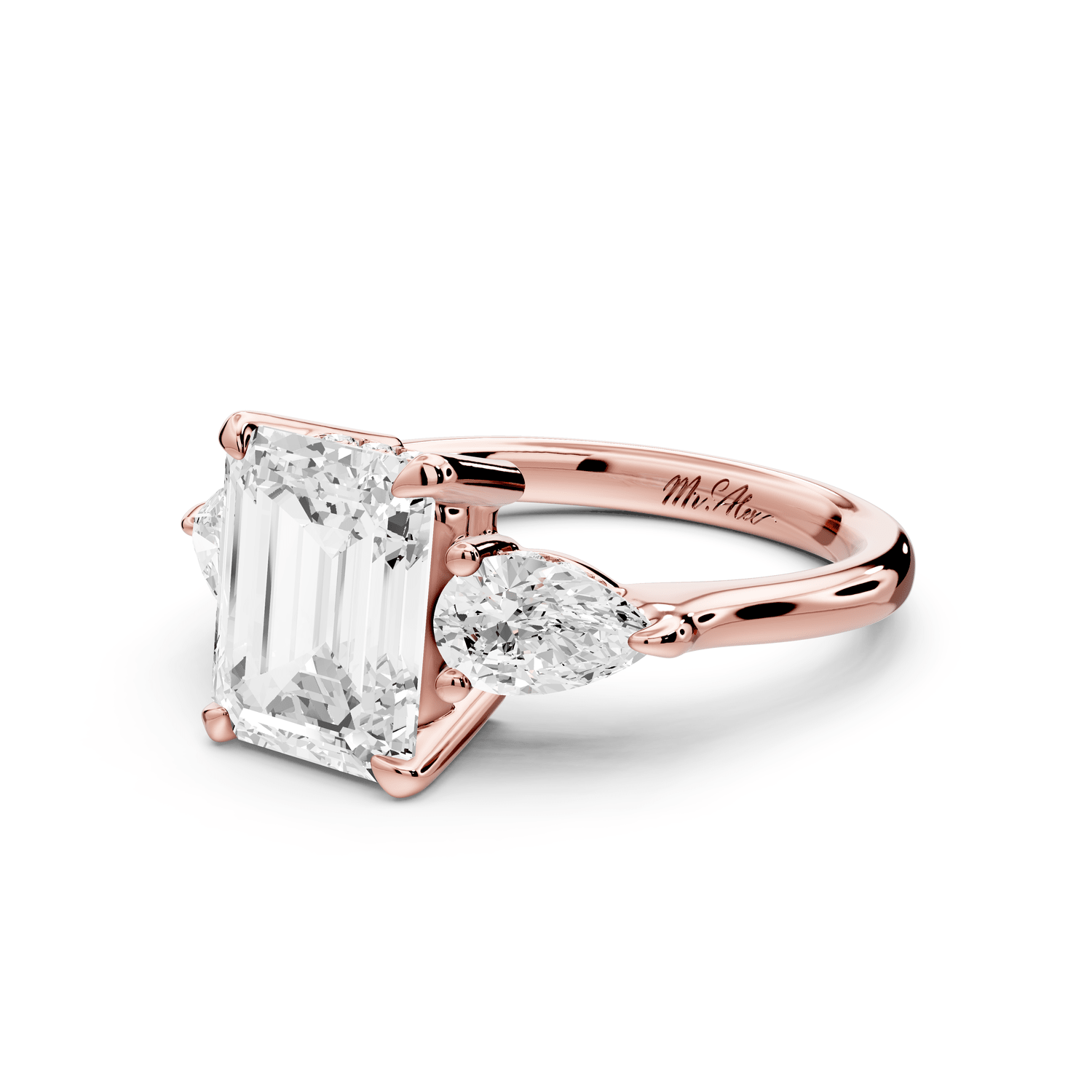 Stella - 2ct 18k rose gold Three Stone emerald with pears Hidden Halo Engagement Ring - Mr. Alex Jewelry