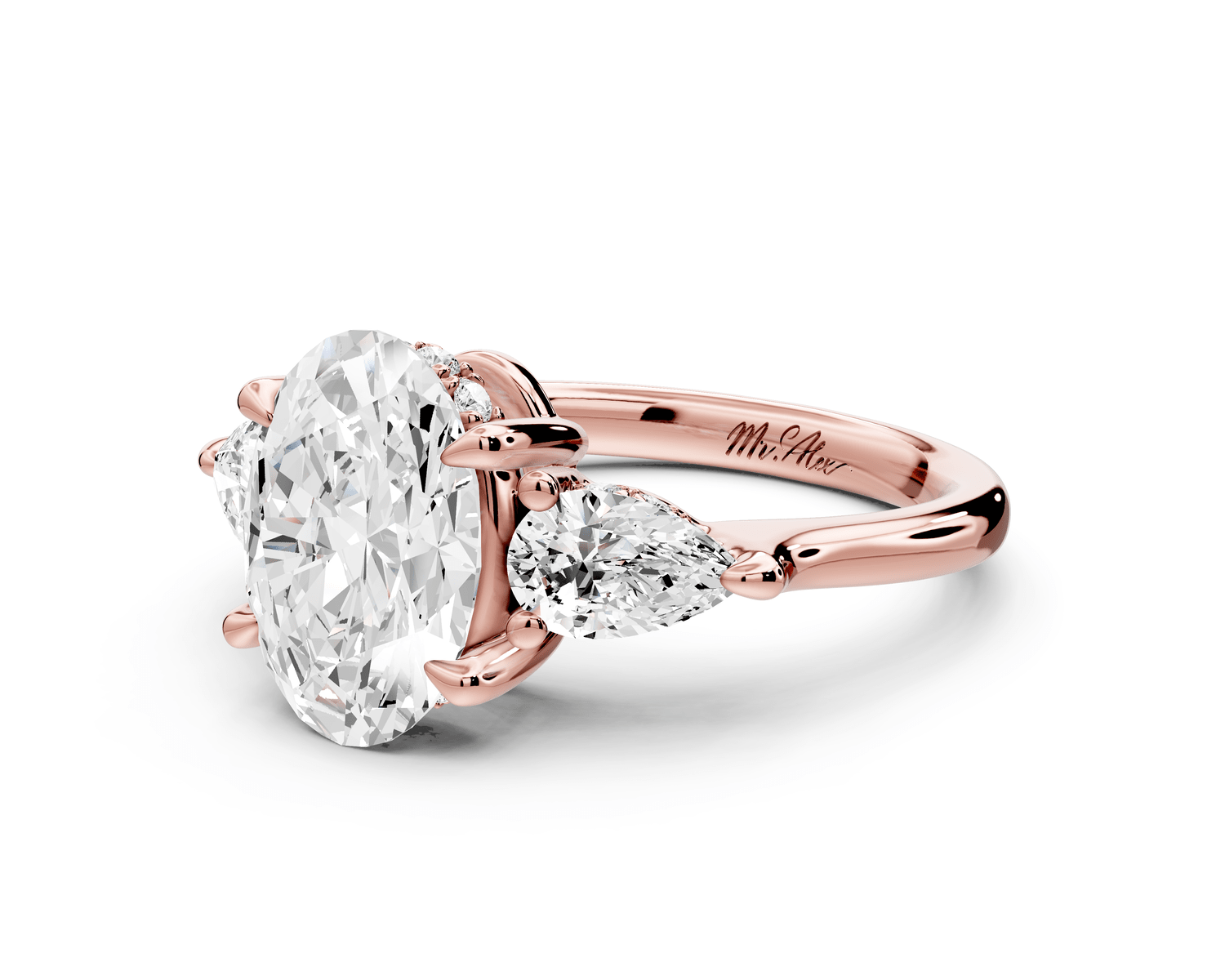 Stella - 2ct 18k rose gold Three Stone oval with pears Hidden Halo Engagement Ring - Mr. Alex Jewelry