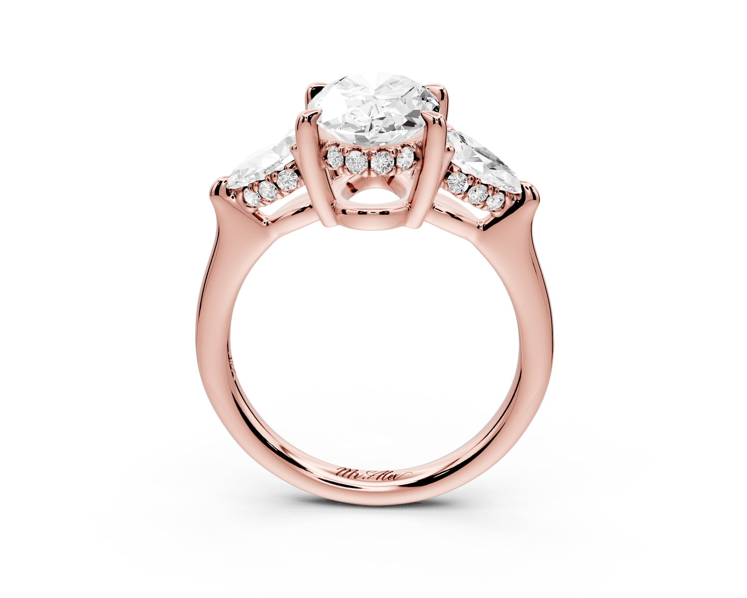 Stella - 2ct 18k rose gold Three Stone oval with pears Hidden Halo Engagement Ring - Mr. Alex Jewelry