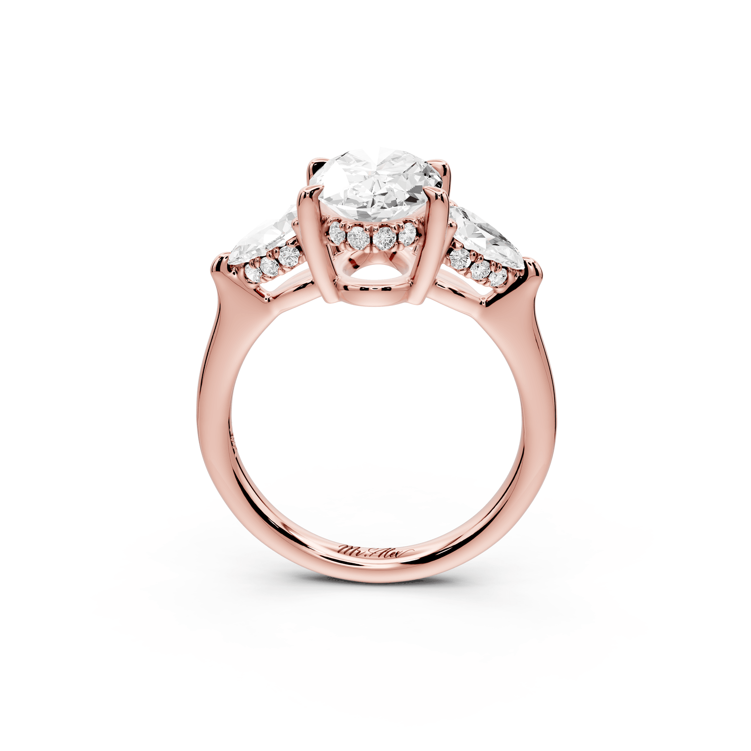 Stella - 2ct 18k rose gold Three Stone oval with pears Hidden Halo Engagement Ring - Mr. Alex Jewelry