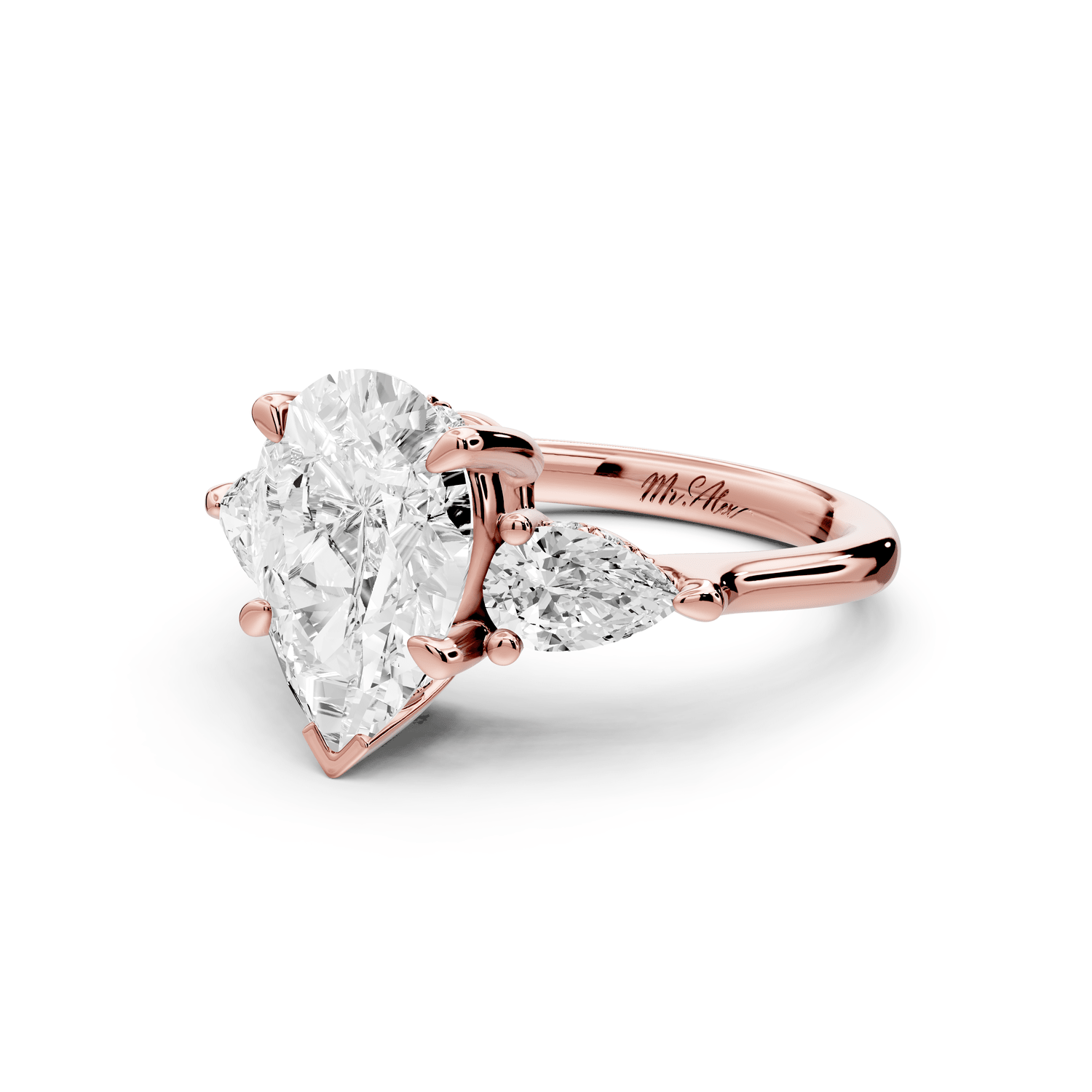 Stella - 2ct 18k rose gold Three Stone pear with pears Hidden Halo Engagement Ring - Mr. Alex Jewelry