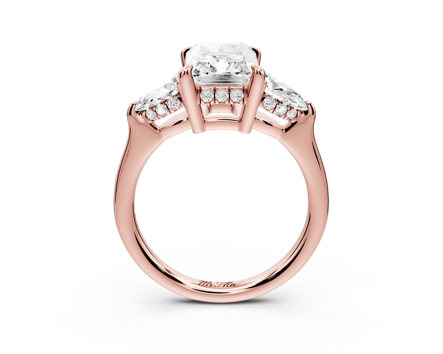 Stella - 2ct 18k rose gold Three Stone radiant with pears Hidden Halo Engagement Ring - Mr. Alex Jewelry