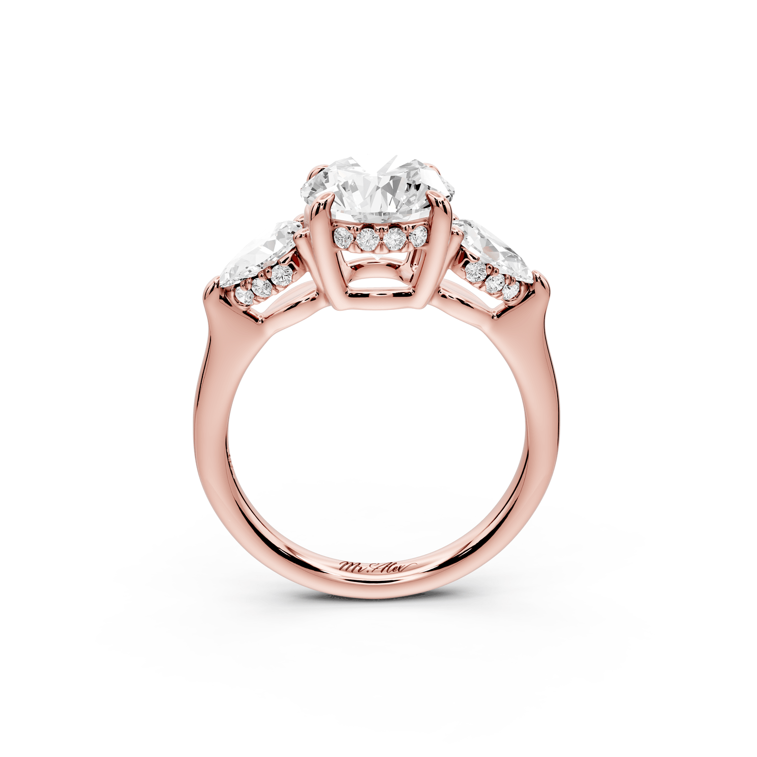 Stella - 2ct 18k rose gold Three Stone round with pears Hidden Halo Engagement Ring - Mr. Alex Jewelry