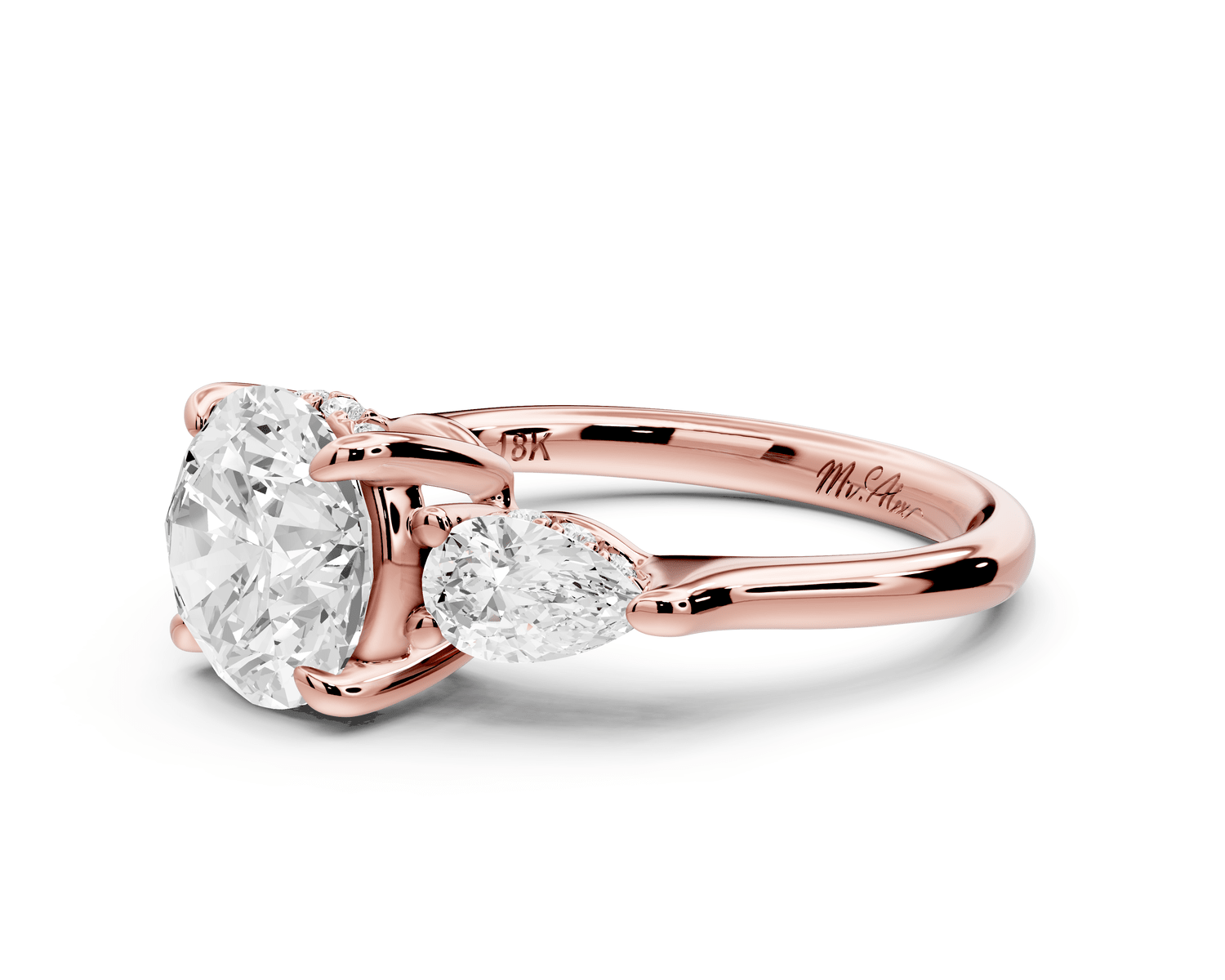 Stella - 2ct 18k rose gold Three Stone round with pears Hidden Halo Engagement Ring - Mr. Alex Jewelry