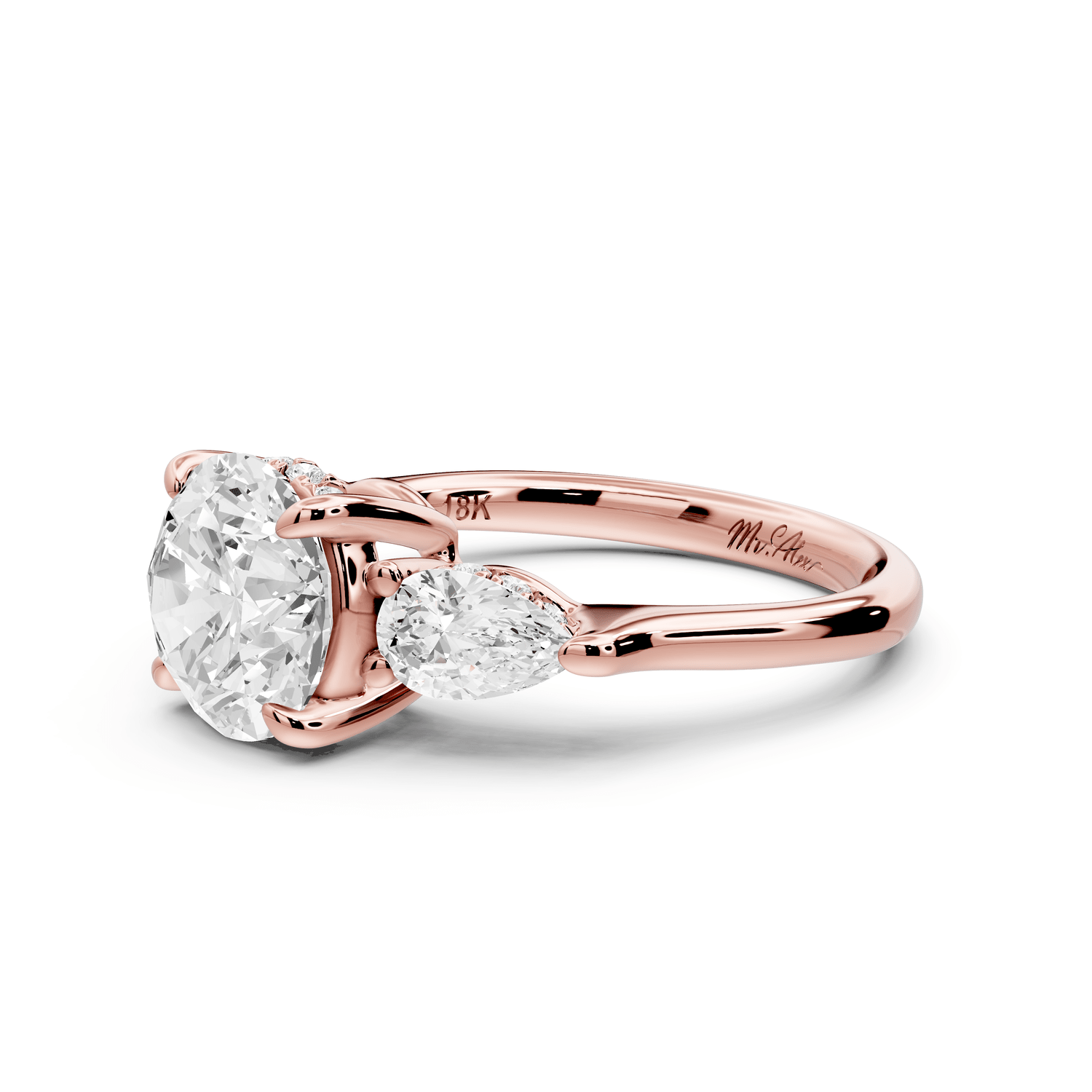 Stella - 2ct 18k rose gold Three Stone round with pears Hidden Halo Engagement Ring - Mr. Alex Jewelry