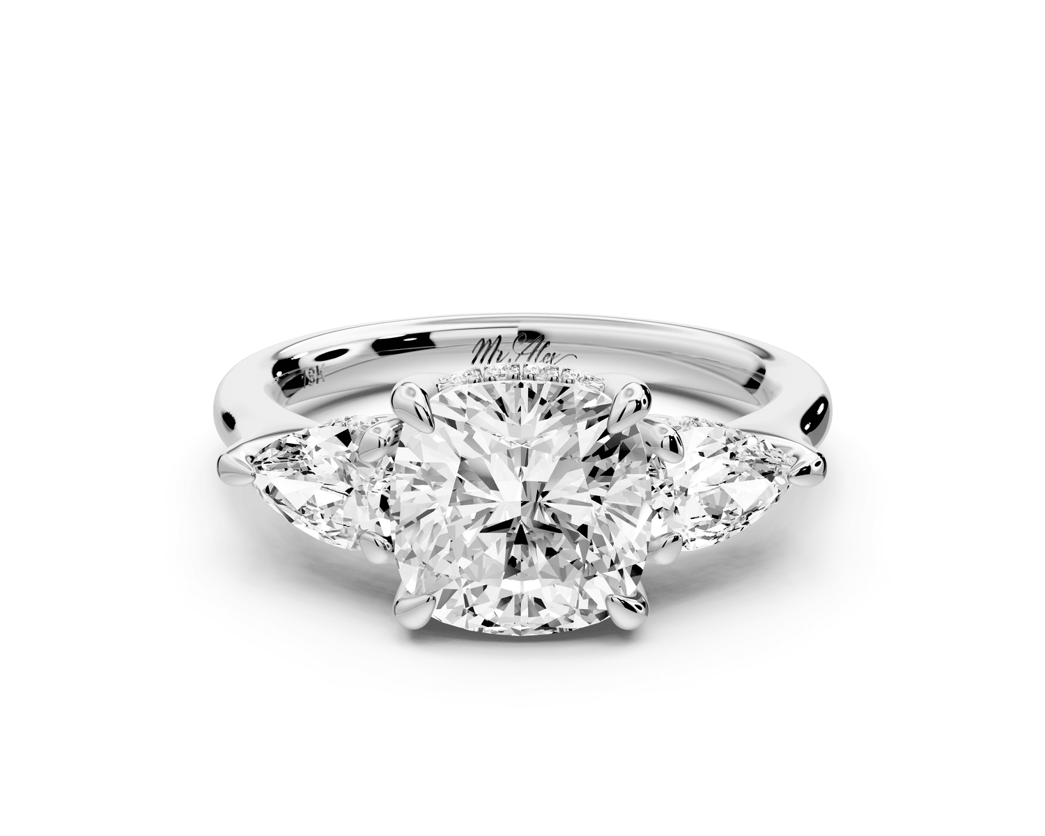 Stella - 2ct 18k white gold Three Stone cushion with pears Hidden Halo Engagement Ring - Mr. Alex Jewelry