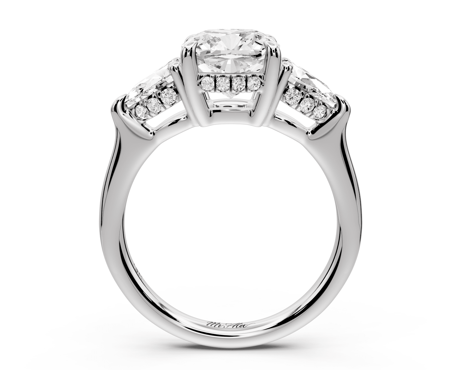 Stella - 2ct 18k white gold Three Stone cushion with pears Hidden Halo Engagement Ring - Mr. Alex Jewelry
