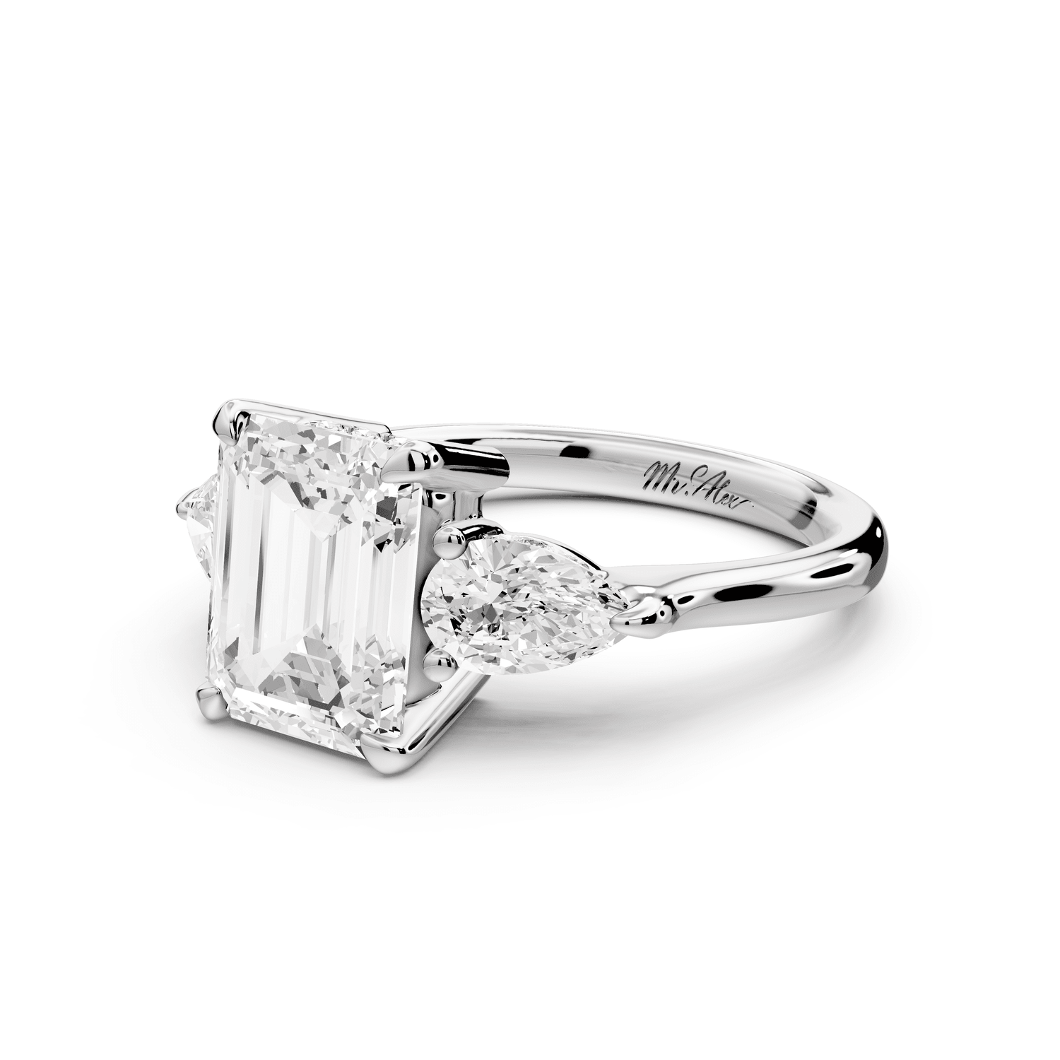 Stella - 2ct 18k white gold Three Stone emerald with pears Hidden Halo Engagement Ring - Mr. Alex Jewelry