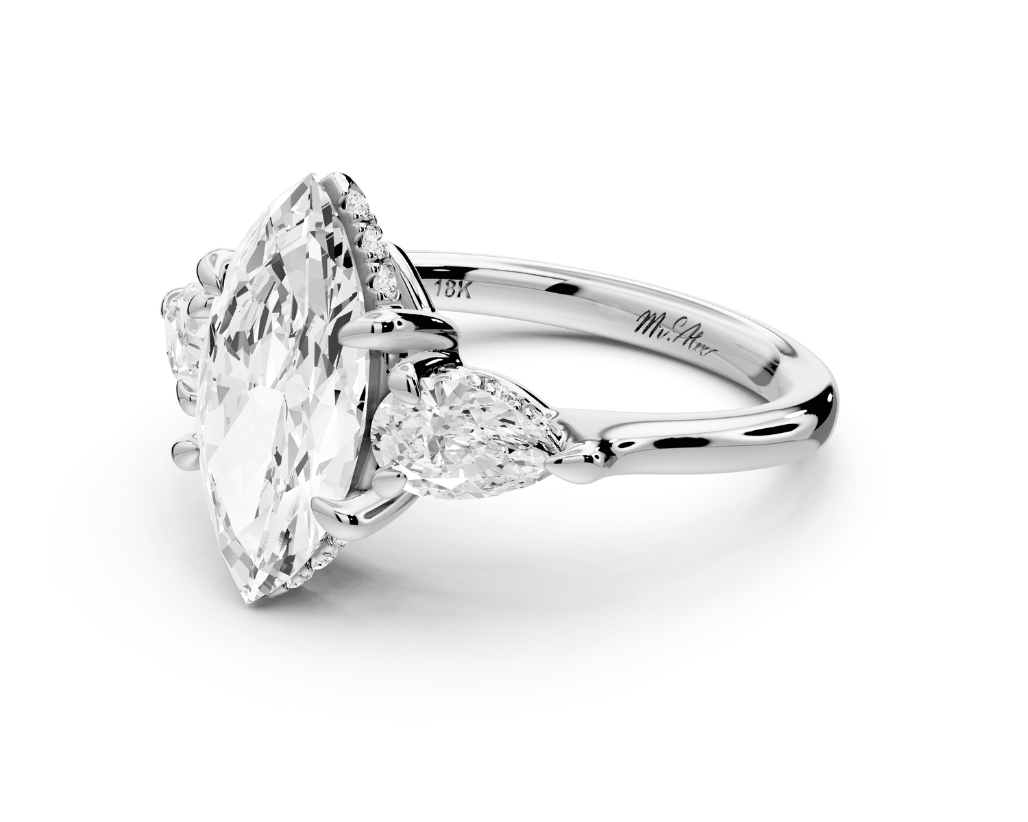 Stella - 2ct 18k white gold Three Stone marquise with pears Hidden Halo Engagement Ring - Mr. Alex Jewelry
