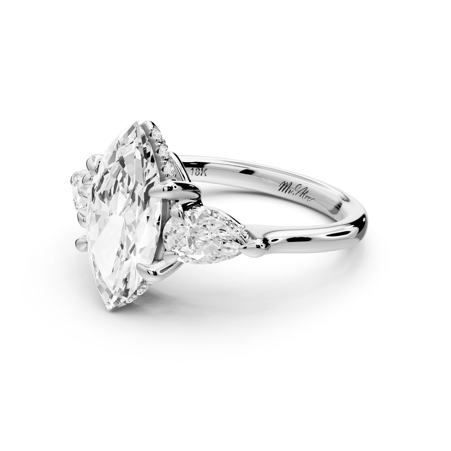 Stella - 2ct 18k white gold Three Stone marquise with pears Hidden Halo Engagement Ring - Mr. Alex Jewelry
