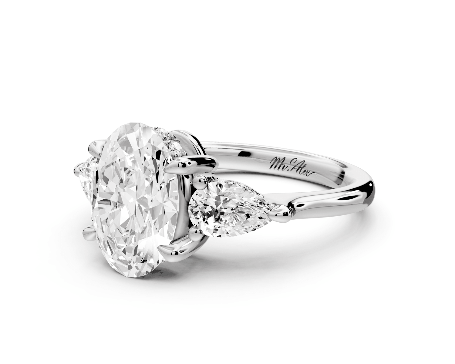 Stella - 2ct 18k white gold Three Stone oval with pears Hidden Halo Engagement Ring - Mr. Alex Jewelry